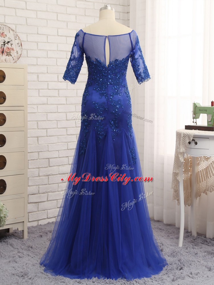 Royal Blue Half Sleeves Lace and Appliques Zipper Mother of Groom Dress