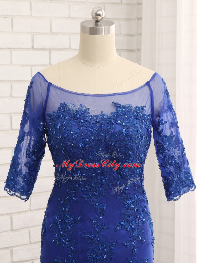 Royal Blue Half Sleeves Lace and Appliques Zipper Mother of Groom Dress