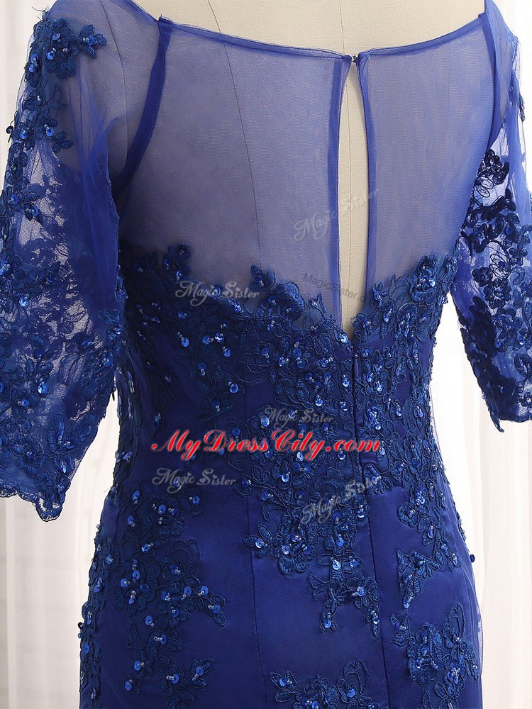 Royal Blue Half Sleeves Lace and Appliques Zipper Mother of Groom Dress