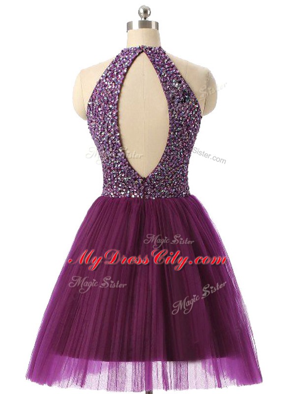 Super Dark Purple A-line Tulle Halter Top Sleeveless Beading and Sequins Mini Length Backless Prom Dresses