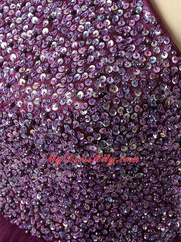 Super Dark Purple A-line Tulle Halter Top Sleeveless Beading and Sequins Mini Length Backless Prom Dresses