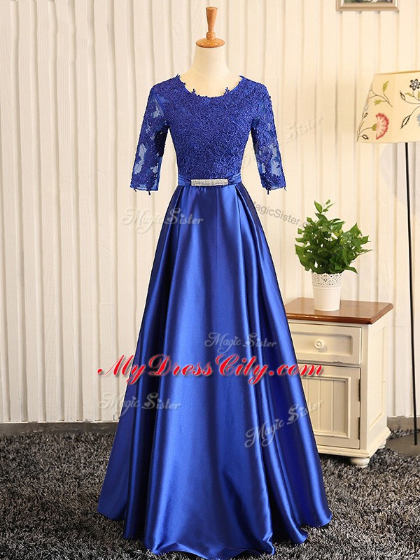 Half Sleeves Floor Length Embroidery and Belt Zipper Homecoming Dress with Blue