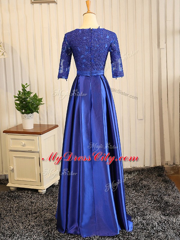 Half Sleeves Floor Length Embroidery and Belt Zipper Homecoming Dress with Blue