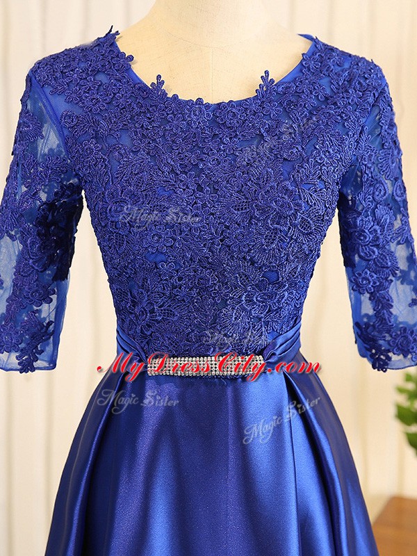 Half Sleeves Floor Length Embroidery and Belt Zipper Homecoming Dress with Blue