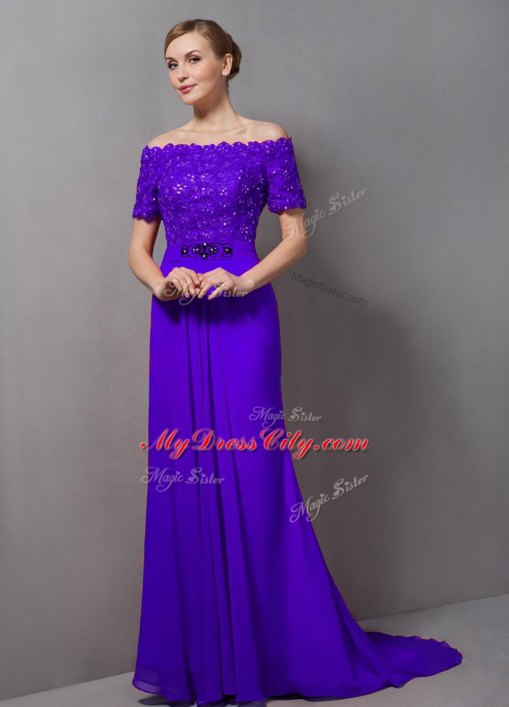 Luxury Short Sleeves Lace Zipper Mother of the Bride Dress with Purple Sweep Train