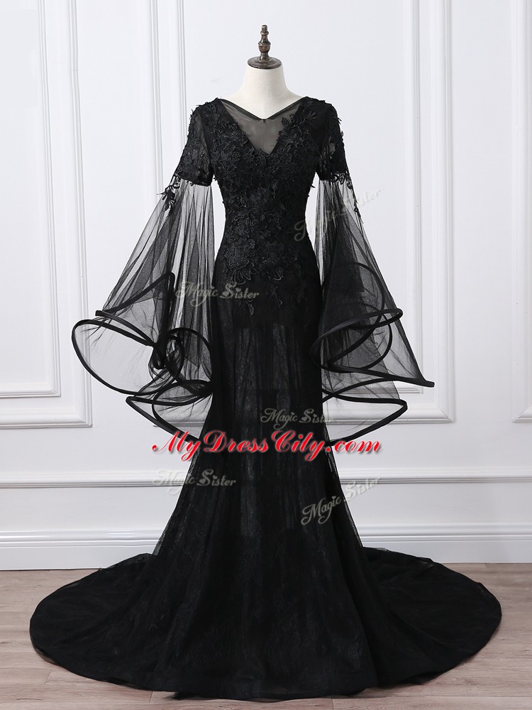 Black Empire Tulle Scoop Long Sleeves Lace and Appliques Lace Up Mother of the Bride Dress Brush Train