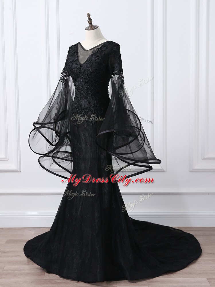 Black Empire Tulle Scoop Long Sleeves Lace and Appliques Lace Up Mother of the Bride Dress Brush Train