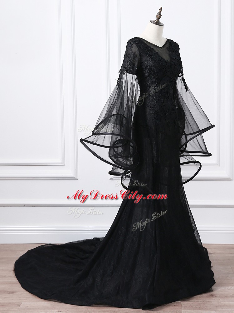 Black Empire Tulle Scoop Long Sleeves Lace and Appliques Lace Up Mother of the Bride Dress Brush Train