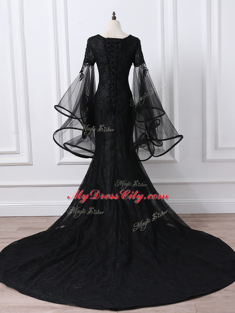 Black Empire Tulle Scoop Long Sleeves Lace and Appliques Lace Up Mother of the Bride Dress Brush Train