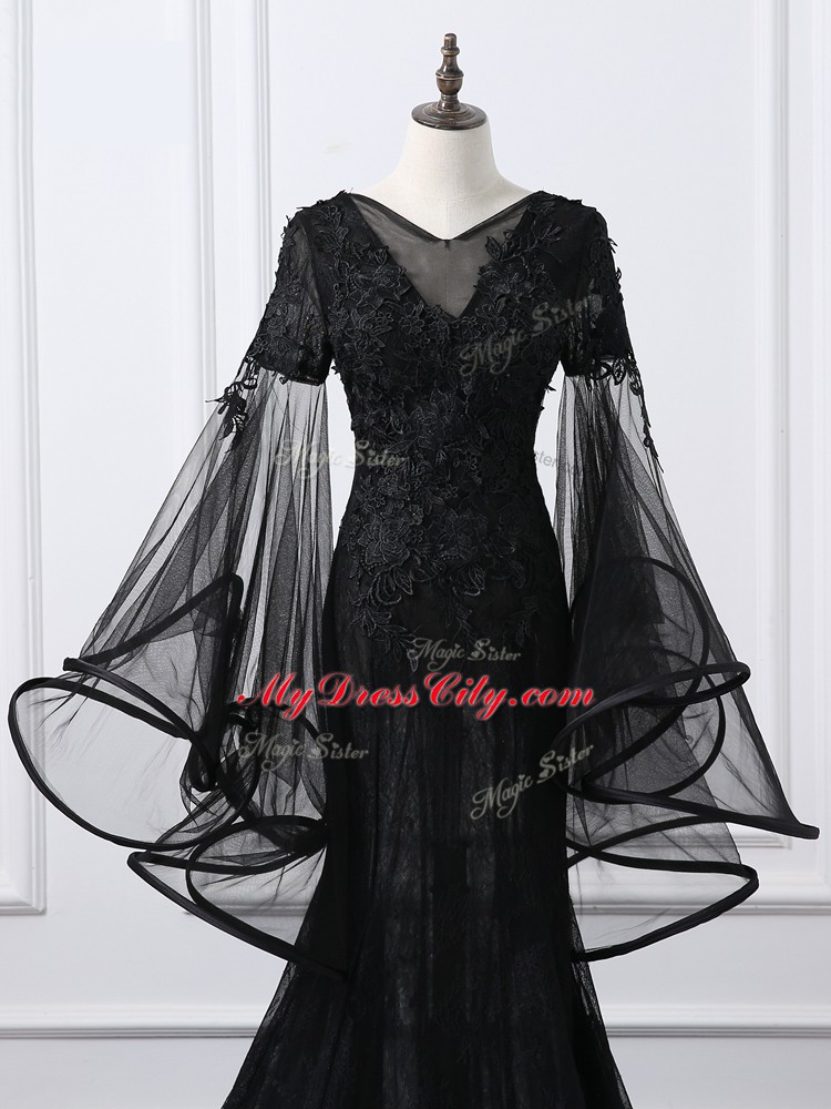 Black Empire Tulle Scoop Long Sleeves Lace and Appliques Lace Up Mother of the Bride Dress Brush Train