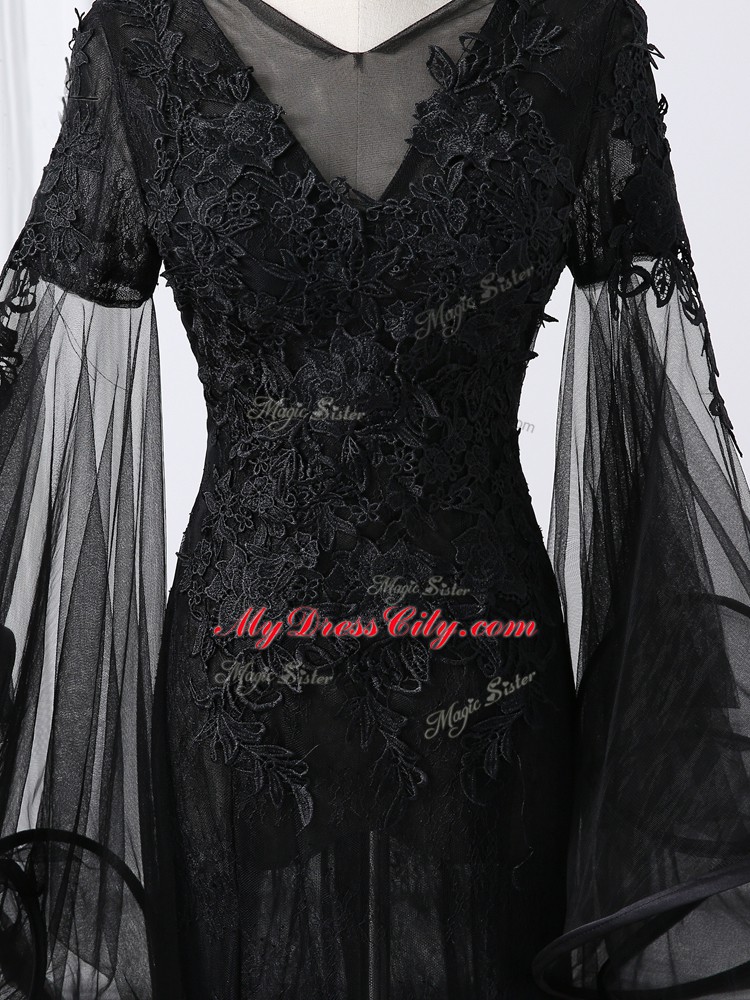 Black Empire Tulle Scoop Long Sleeves Lace and Appliques Lace Up Mother of the Bride Dress Brush Train