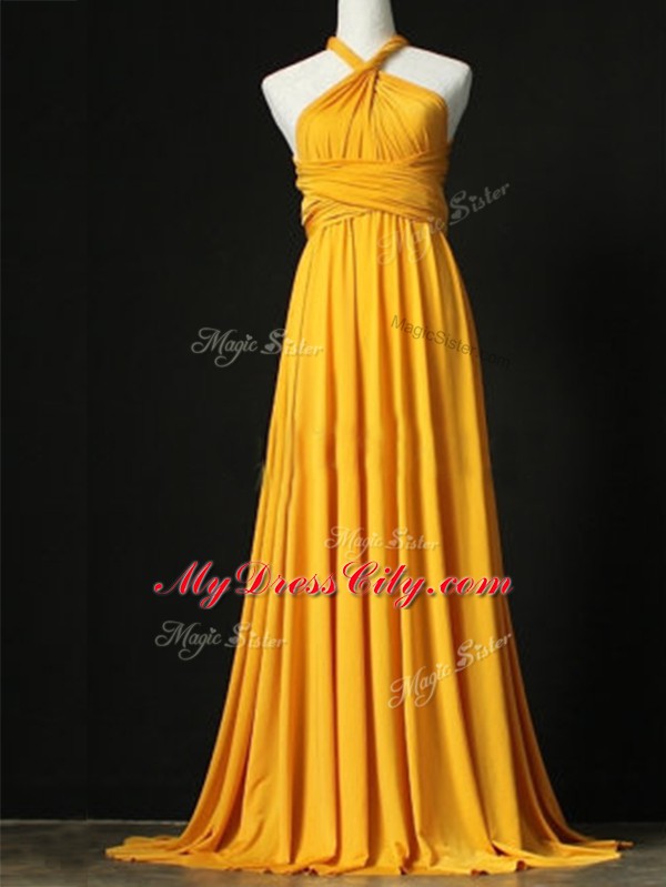 Customized Orange Chiffon Criss Cross Halter Top Sleeveless Bridesmaid Dresses Sweep Train Ruching