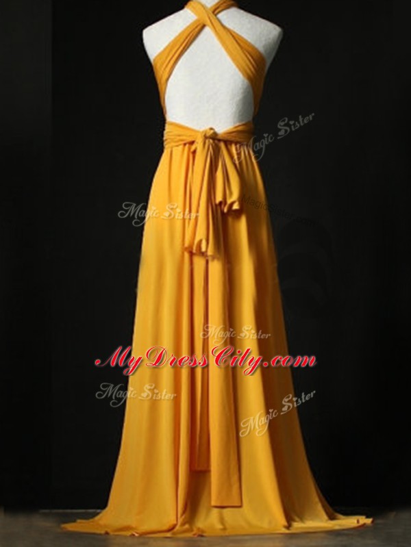 Customized Orange Chiffon Criss Cross Halter Top Sleeveless Bridesmaid Dresses Sweep Train Ruching