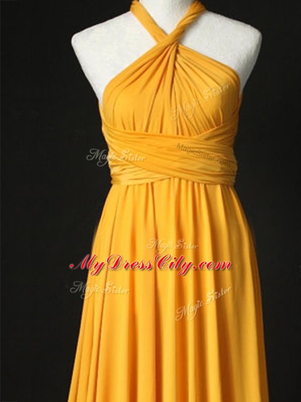 Customized Orange Chiffon Criss Cross Halter Top Sleeveless Bridesmaid Dresses Sweep Train Ruching