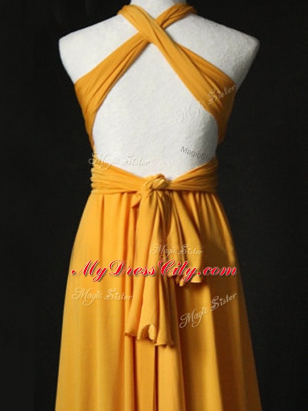 Customized Orange Chiffon Criss Cross Halter Top Sleeveless Bridesmaid Dresses Sweep Train Ruching