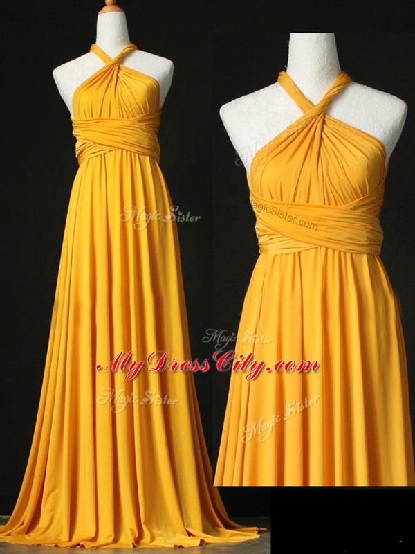 Customized Orange Chiffon Criss Cross Halter Top Sleeveless Bridesmaid Dresses Sweep Train Ruching