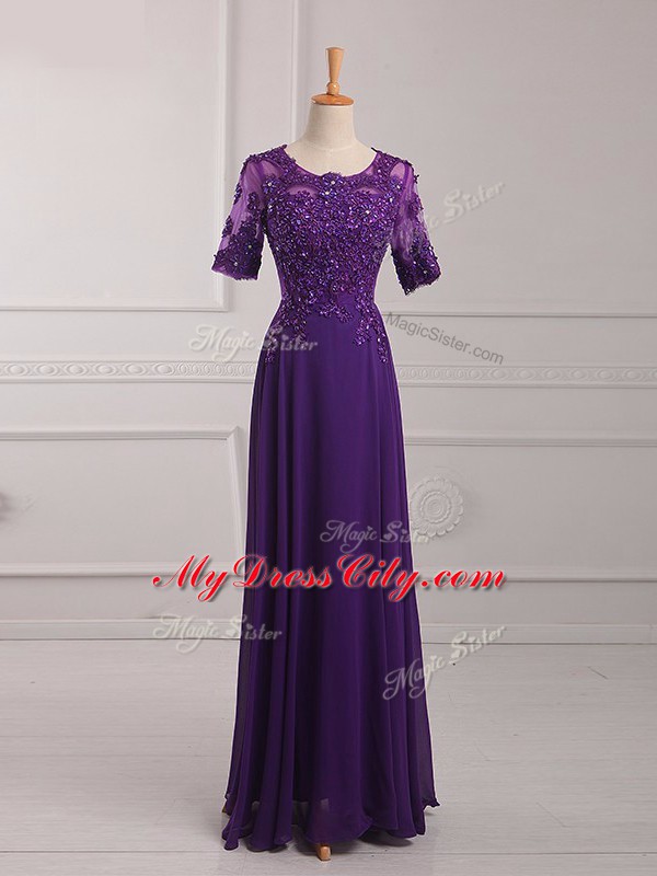 Empire Mother of the Bride Dress Purple Scoop Chiffon Half Sleeves Floor Length Zipper