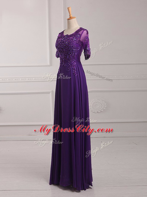 Empire Mother of the Bride Dress Purple Scoop Chiffon Half Sleeves Floor Length Zipper