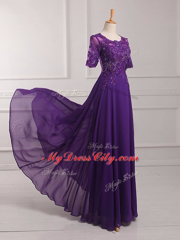 Empire Mother of the Bride Dress Purple Scoop Chiffon Half Sleeves Floor Length Zipper