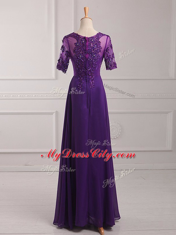 Empire Mother of the Bride Dress Purple Scoop Chiffon Half Sleeves Floor Length Zipper