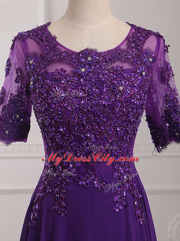 Empire Mother of the Bride Dress Purple Scoop Chiffon Half Sleeves Floor Length Zipper