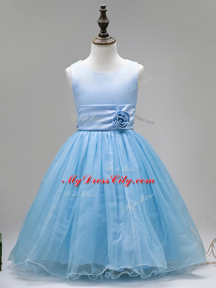 Baby Blue Sleeveless Floor Length Hand Made Flower Zipper Kids Formal Wear