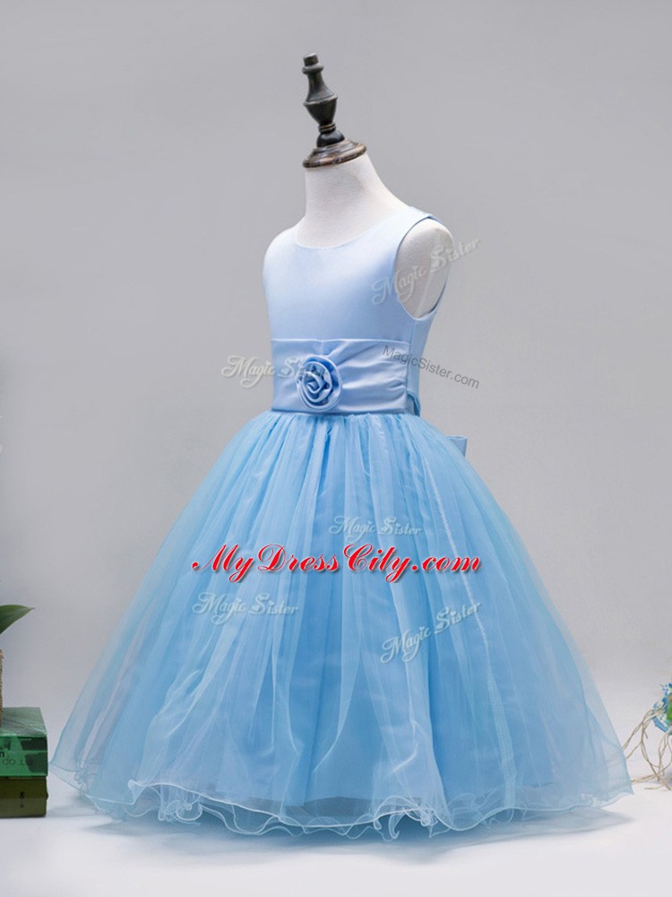 Baby Blue Sleeveless Floor Length Hand Made Flower Zipper Kids Formal Wear