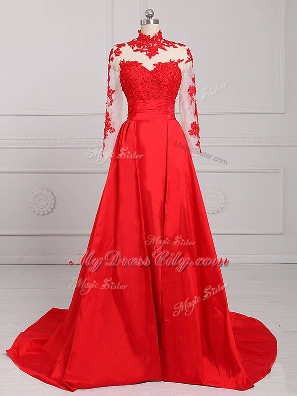 High-neck Long Sleeves Brush Train Backless Juniors Evening Dress Red Satin