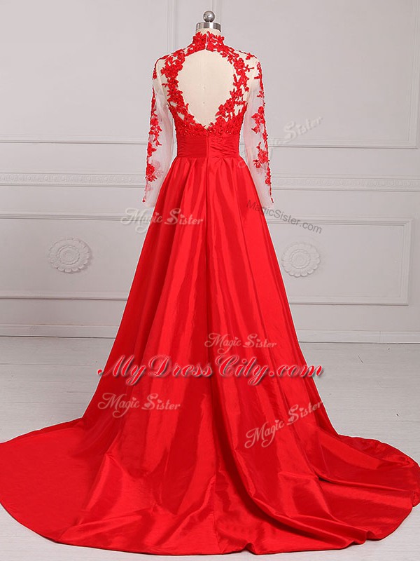 High-neck Long Sleeves Brush Train Backless Juniors Evening Dress Red Satin