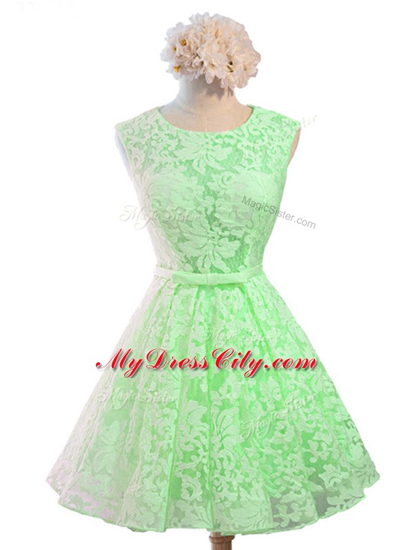 Glamorous Green A-line Lace Scoop Sleeveless Belt Knee Length Lace Up Quinceanera Dama Dress