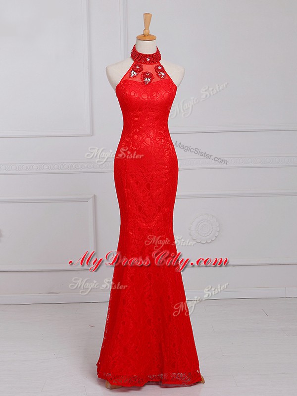 Artistic Floor Length Red Evening Dress Halter Top Sleeveless Zipper