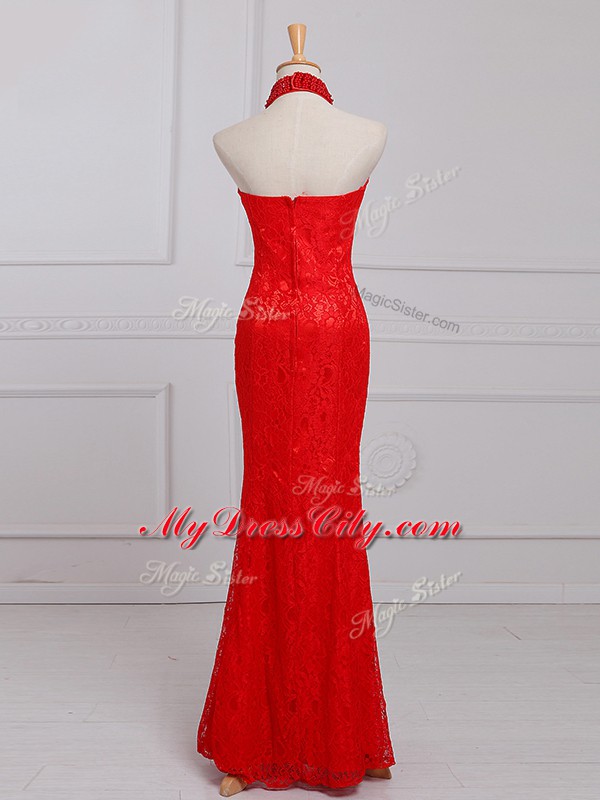 Artistic Floor Length Red Evening Dress Halter Top Sleeveless Zipper