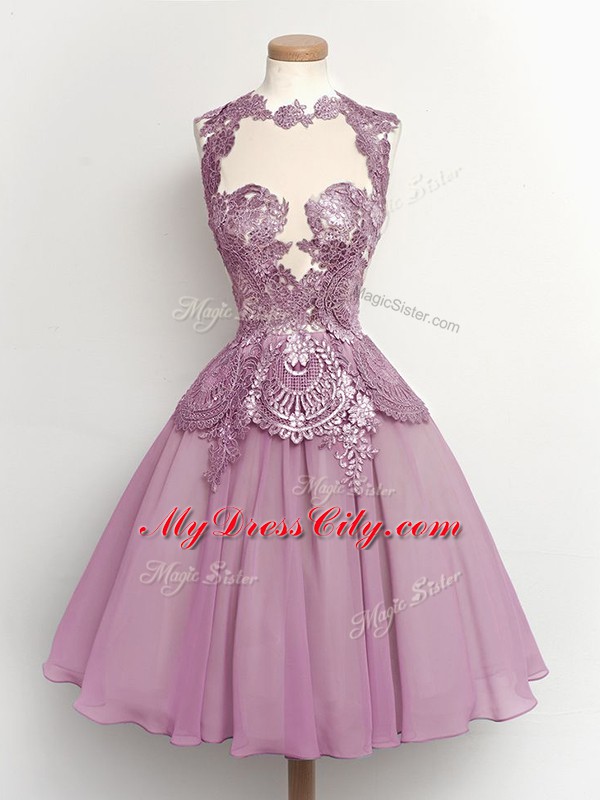 Lilac Sleeveless Knee Length Lace Lace Up Bridesmaids Dress