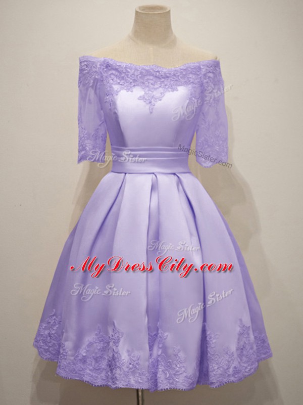 Perfect Lavender Half Sleeves Taffeta Lace Up Wedding Party Dress for Prom and Party and Wedding Party