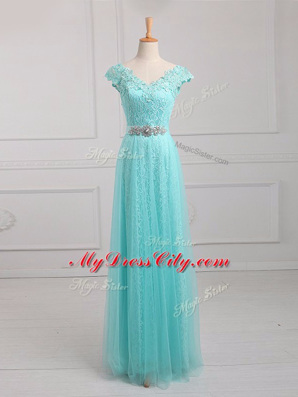 V-neck Cap Sleeves Mother Dresses Floor Length Beading and Appliques Aqua Blue Tulle and Lace