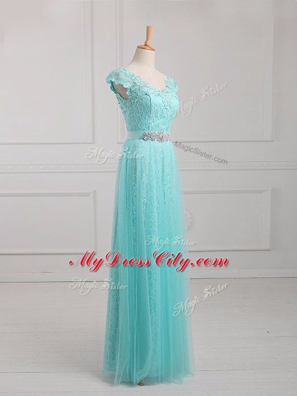 V-neck Cap Sleeves Mother Dresses Floor Length Beading and Appliques Aqua Blue Tulle and Lace