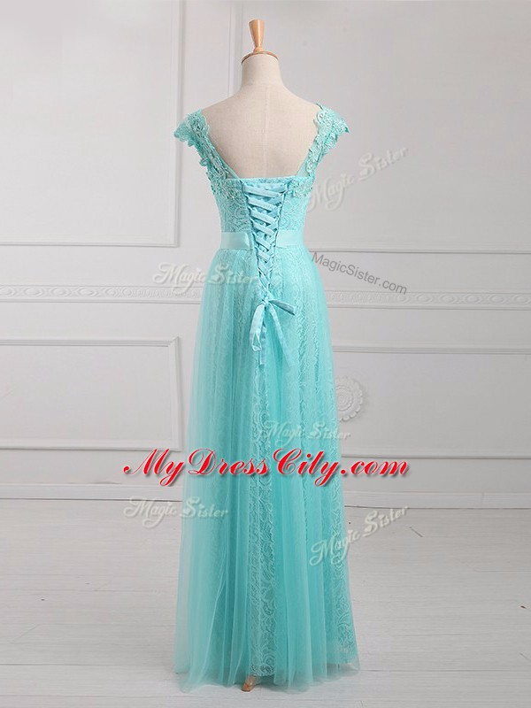 V-neck Cap Sleeves Mother Dresses Floor Length Beading and Appliques Aqua Blue Tulle and Lace