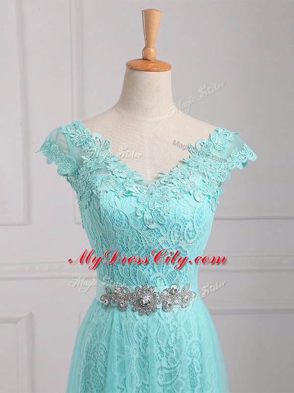 V-neck Cap Sleeves Mother Dresses Floor Length Beading and Appliques Aqua Blue Tulle and Lace