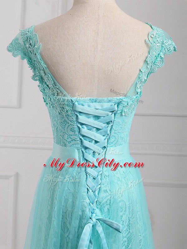 V-neck Cap Sleeves Mother Dresses Floor Length Beading and Appliques Aqua Blue Tulle and Lace