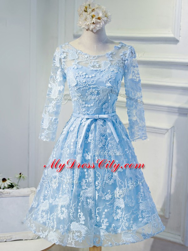 Noble Long Sleeves Organza Mini Length Lace Up Evening Dress in Light Blue with Beading and Appliques