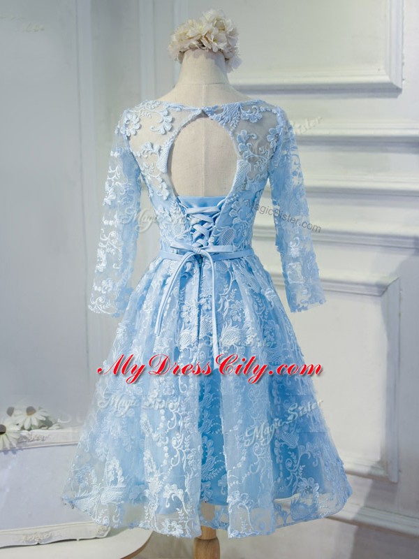 Noble Long Sleeves Organza Mini Length Lace Up Evening Dress in Light Blue with Beading and Appliques