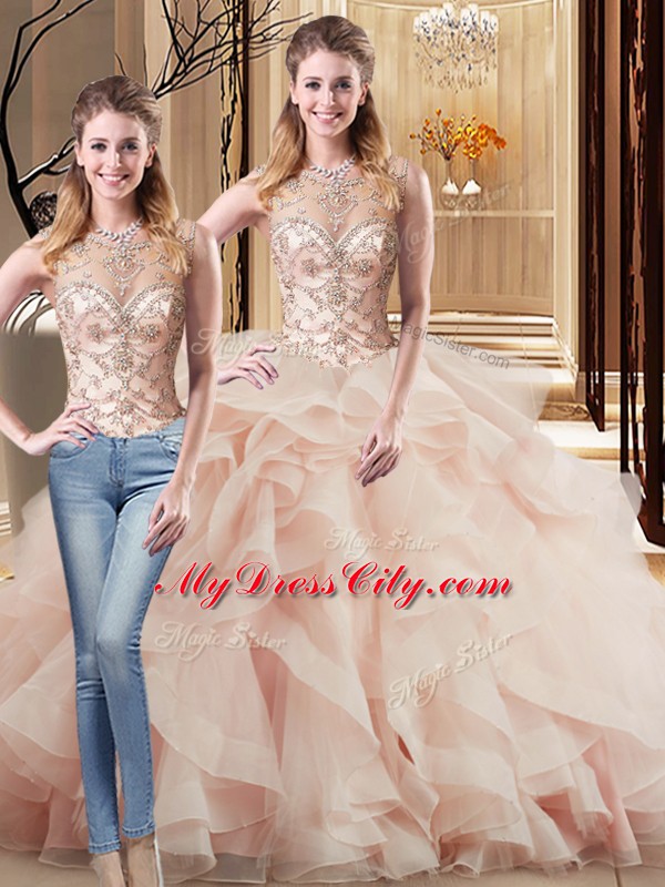 Free and Easy Peach Sleeveless Brush Train Beading and Ruffles 15th Birthday Dress