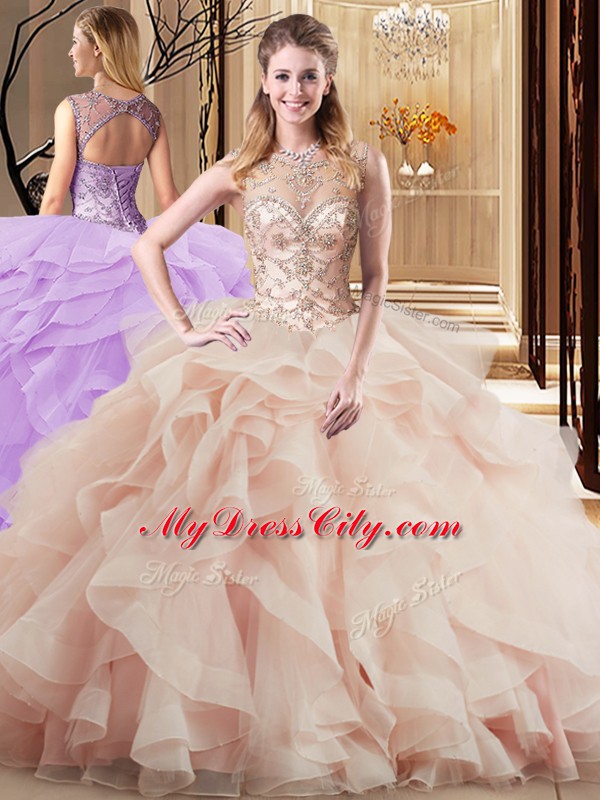 Free and Easy Peach Sleeveless Brush Train Beading and Ruffles 15th Birthday Dress