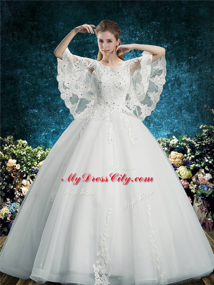 Lace Wedding Dress White Lace Up Half Sleeves Floor Length