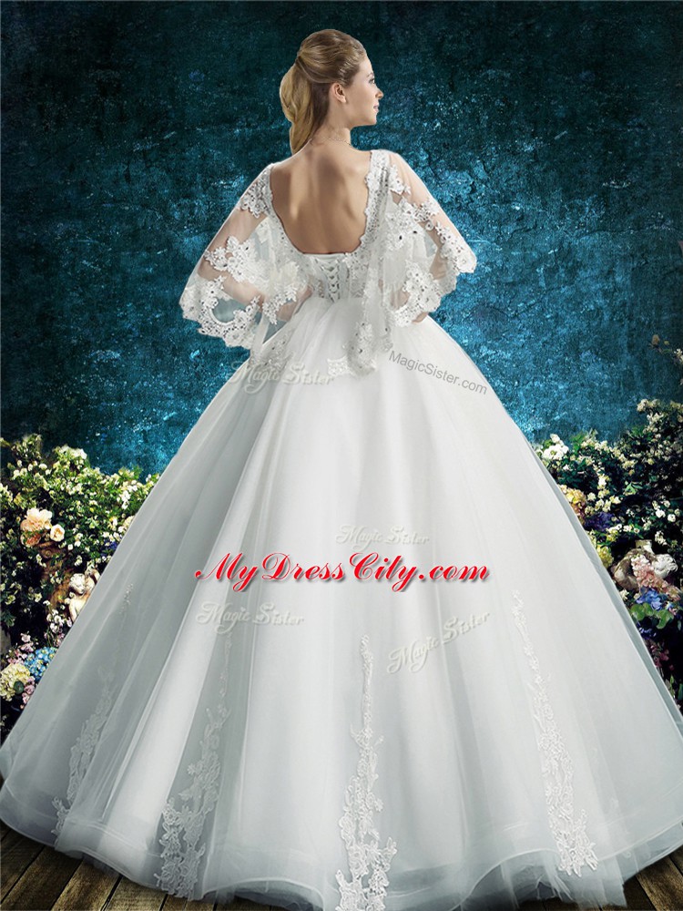 Lace Wedding Dress White Lace Up Half Sleeves Floor Length