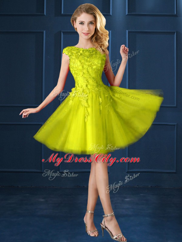 Hot Sale Yellow Tulle Lace Up Vestidos de Damas Cap Sleeves Knee Length Lace and Appliques