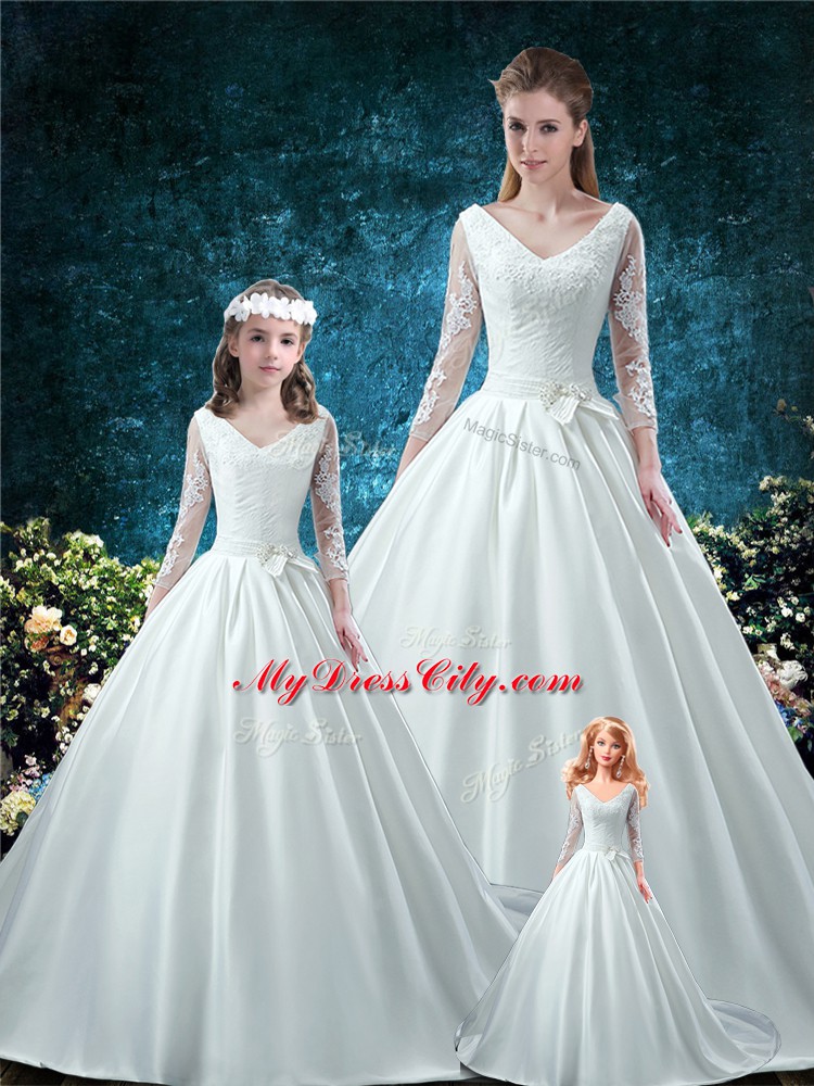 High Quality White 15 Quinceanera Dress V-neck 3 4 Length Sleeve Chapel Train Lace Up