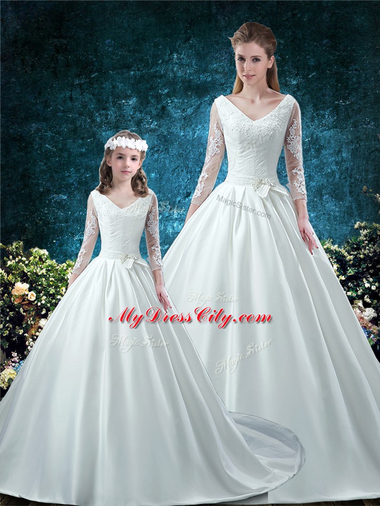 High Quality White 15 Quinceanera Dress V-neck 3 4 Length Sleeve Chapel Train Lace Up