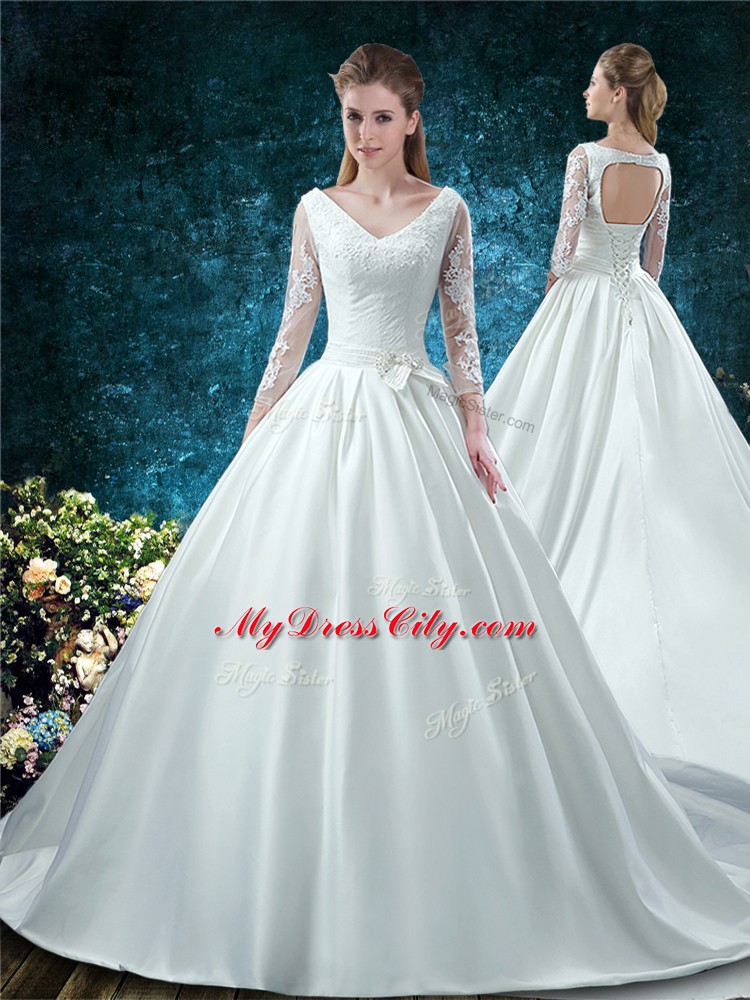 High Quality White 15 Quinceanera Dress V-neck 3 4 Length Sleeve Chapel Train Lace Up