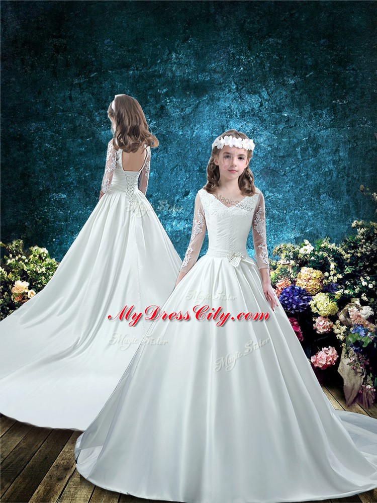 High Quality White 15 Quinceanera Dress V-neck 3 4 Length Sleeve Chapel Train Lace Up